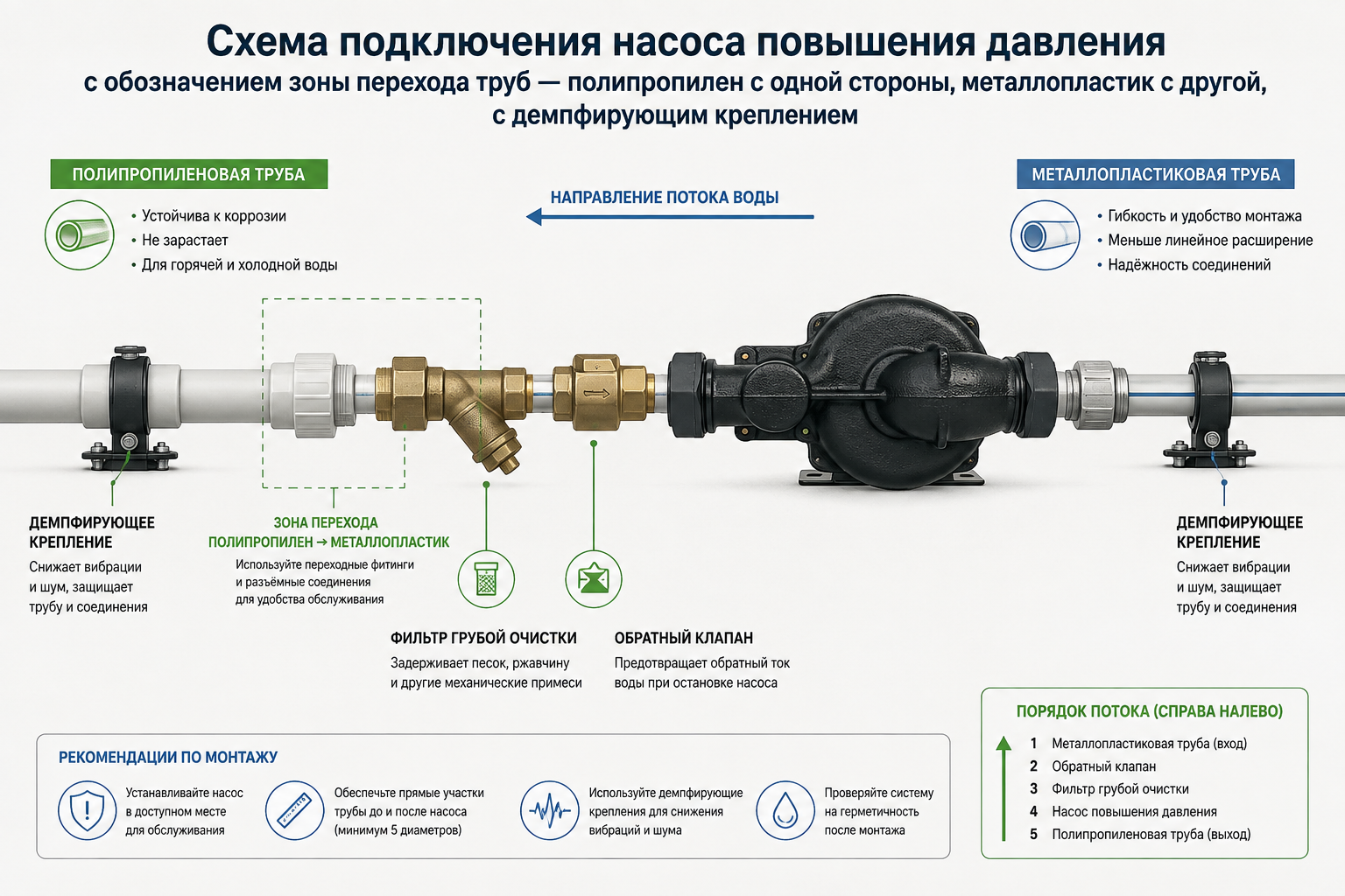 Схема подключения насоса повышения давления с обозначением зоны перехода труб — полипропилен с одной стороны, металлопластик с другой, с демпфирующим креплением
