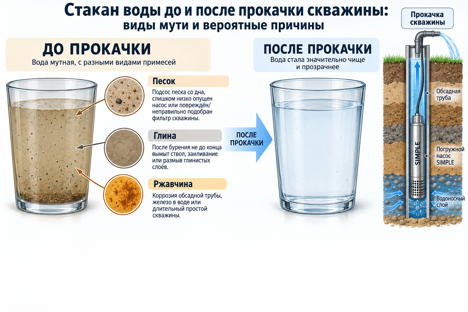Сравнительная схема стакана с водой до и после прокачки скважины с подписями типов мути (песок, глина, ржавчина) и указанием вероятной причины каждого типа