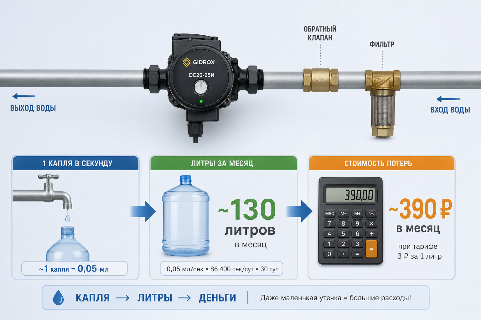 Таблица-инфографика с бутылкой под каплей из крана, стрелкой к калькулятору и суммой в рублях за месяц — визуальный расчёт «капля → литры → деньги»