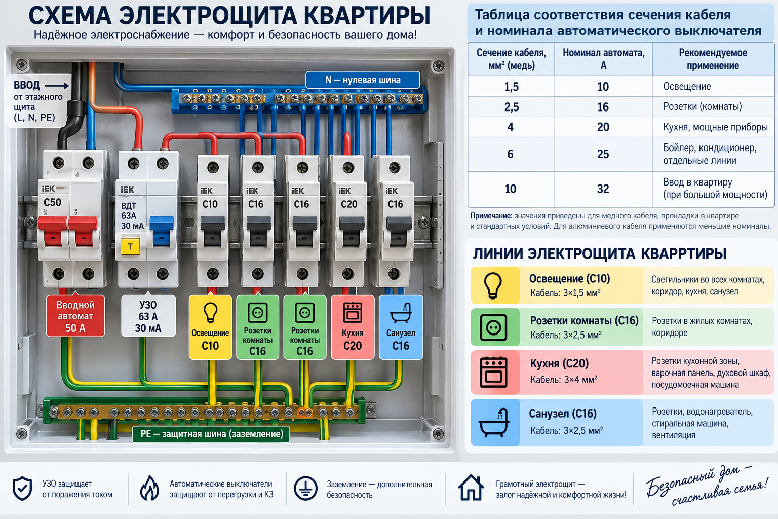Схема электрощита квартиры с подписанными линиями — освещение, розетки, кухня, санузел — и таблицей соответствия сечения кабеля и номинала автомата