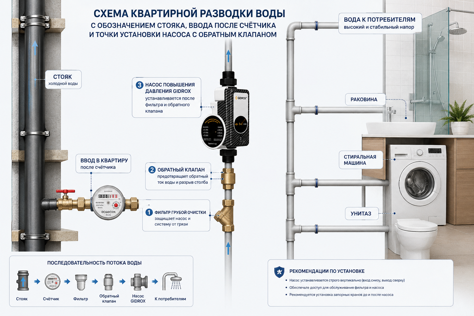 Схема квартирной разводки воды с обозначением стояка, ввода после счётчика и точки установки насоса с обратным клапаном