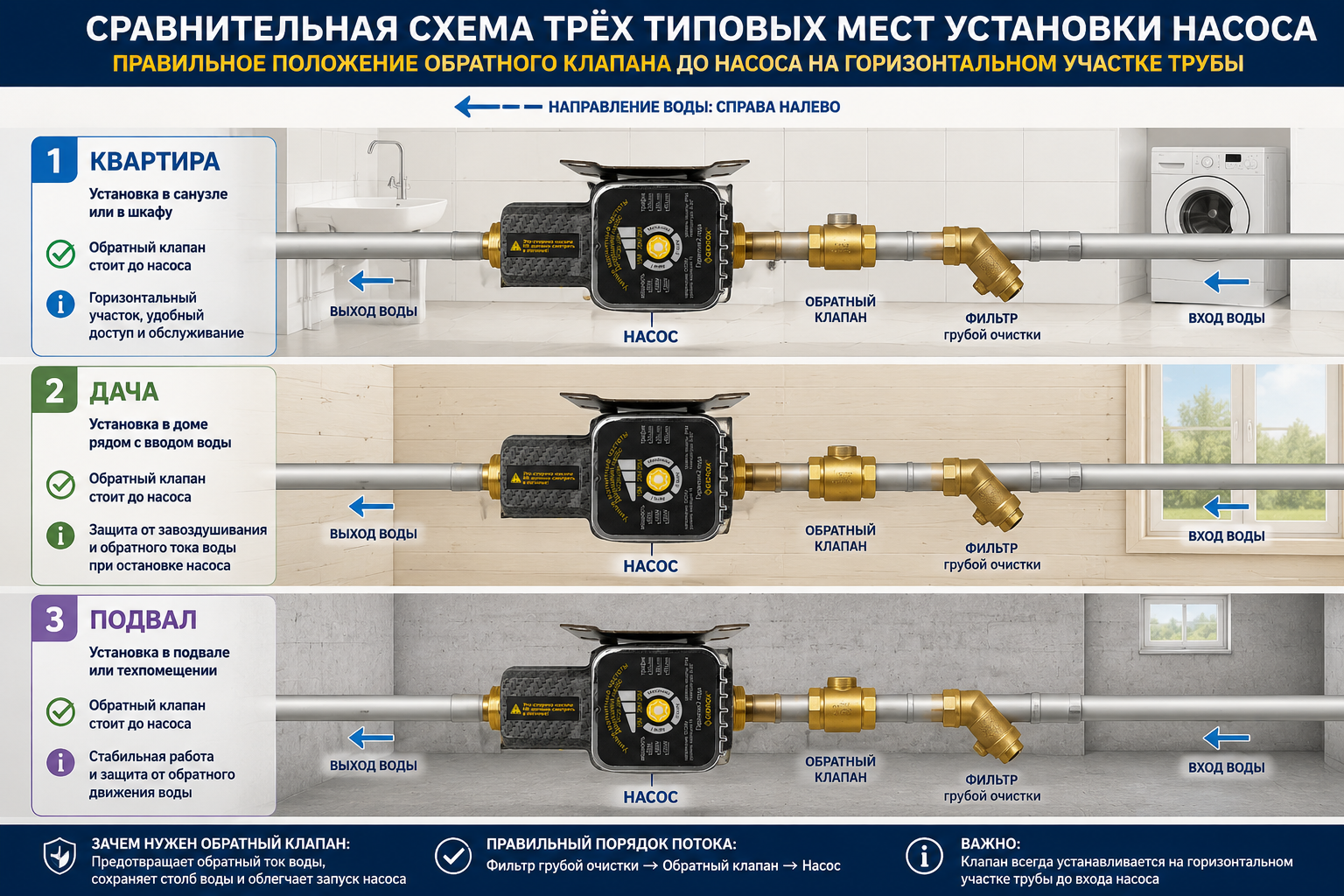 Сравнительная схема трёх типовых мест установки насоса (квартира, дача, подвал) с указанием правильного положения обратного клапана до насоса на горизонтальном участке трубы