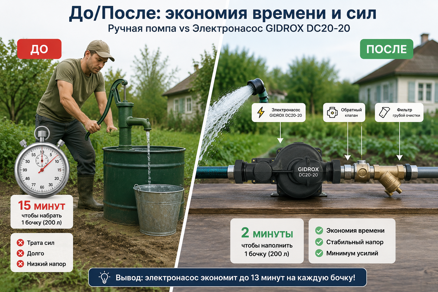 сравнительная сцена «до/после»: человек качает воду ручной помпой у бочки рядом с секундомером слева, и струя воды из шланга под нормальным напором от электронасоса справа