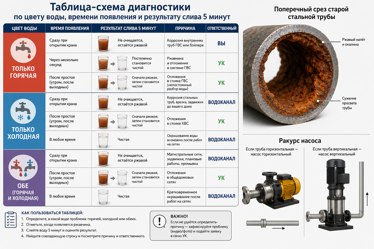 Таблица-схема диагностики: по цвету воды (только горячая / только холодная / обе), времени появления и результату слива 5 минут определить причину и ответственного — вы, УК или Водоканал. Рядом попере