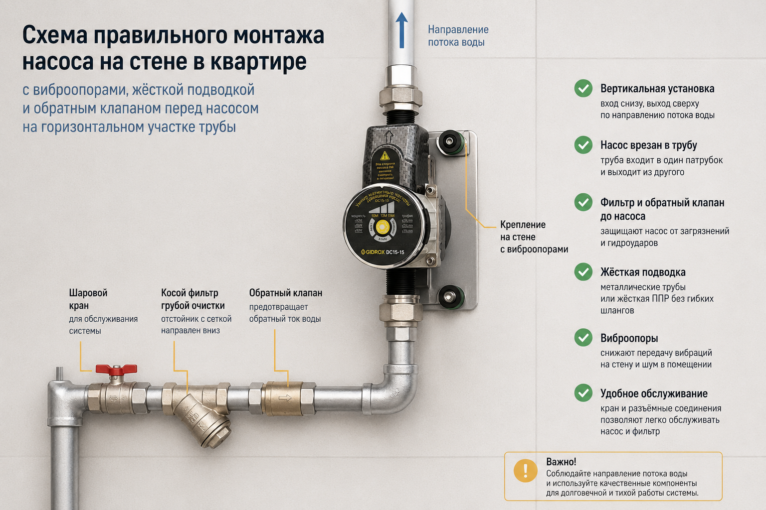 Схема правильного монтажа насоса на стене в квартире с виброопорами, жёсткой подводкой и обратным клапаном перед насосом на горизонтальном участке трубы.