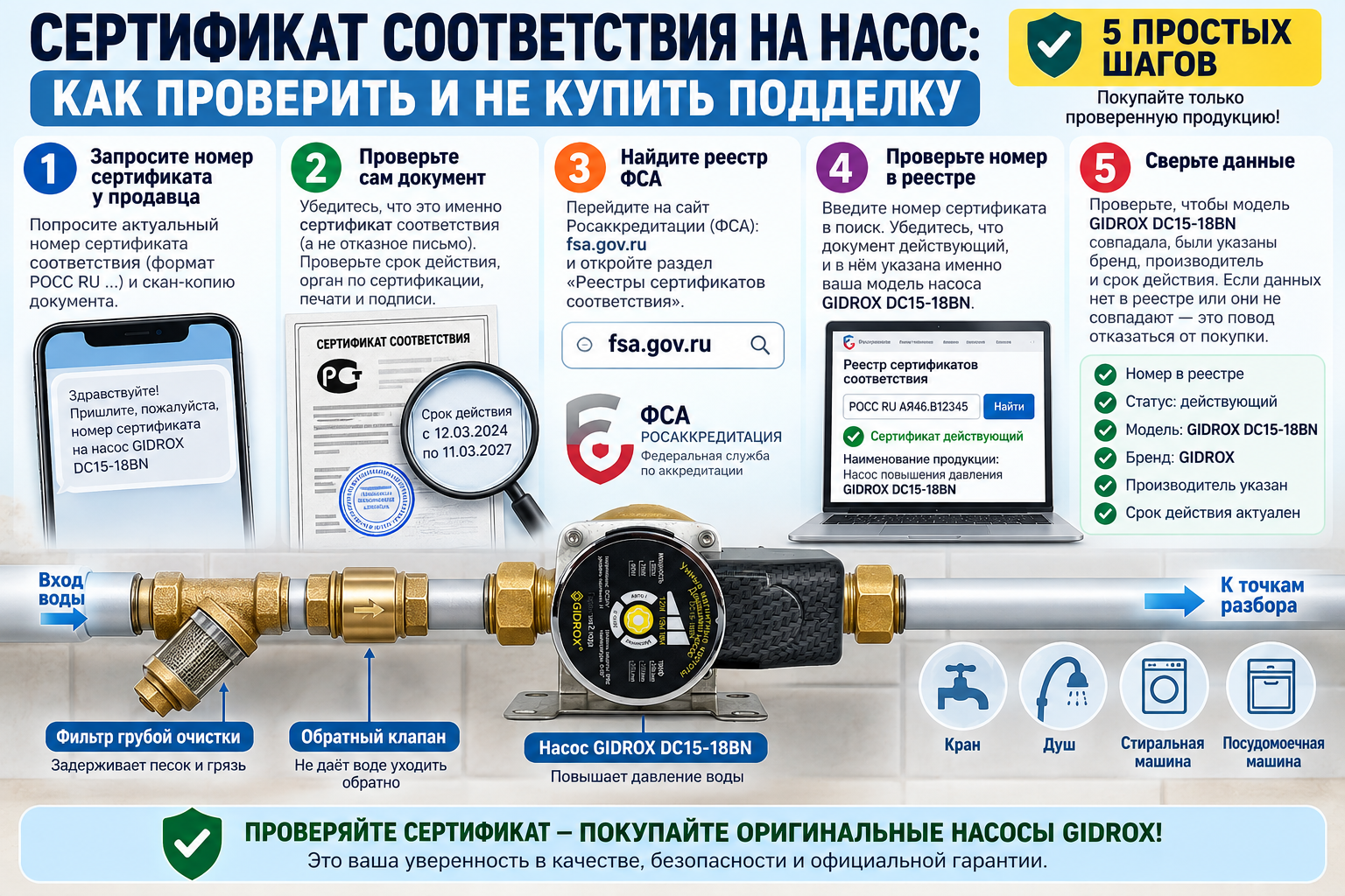 Схема-инфографика с пятью шагами проверки сертификата соответствия на насос: от запроса номера у продавца до сверки модели в реестре ФСА