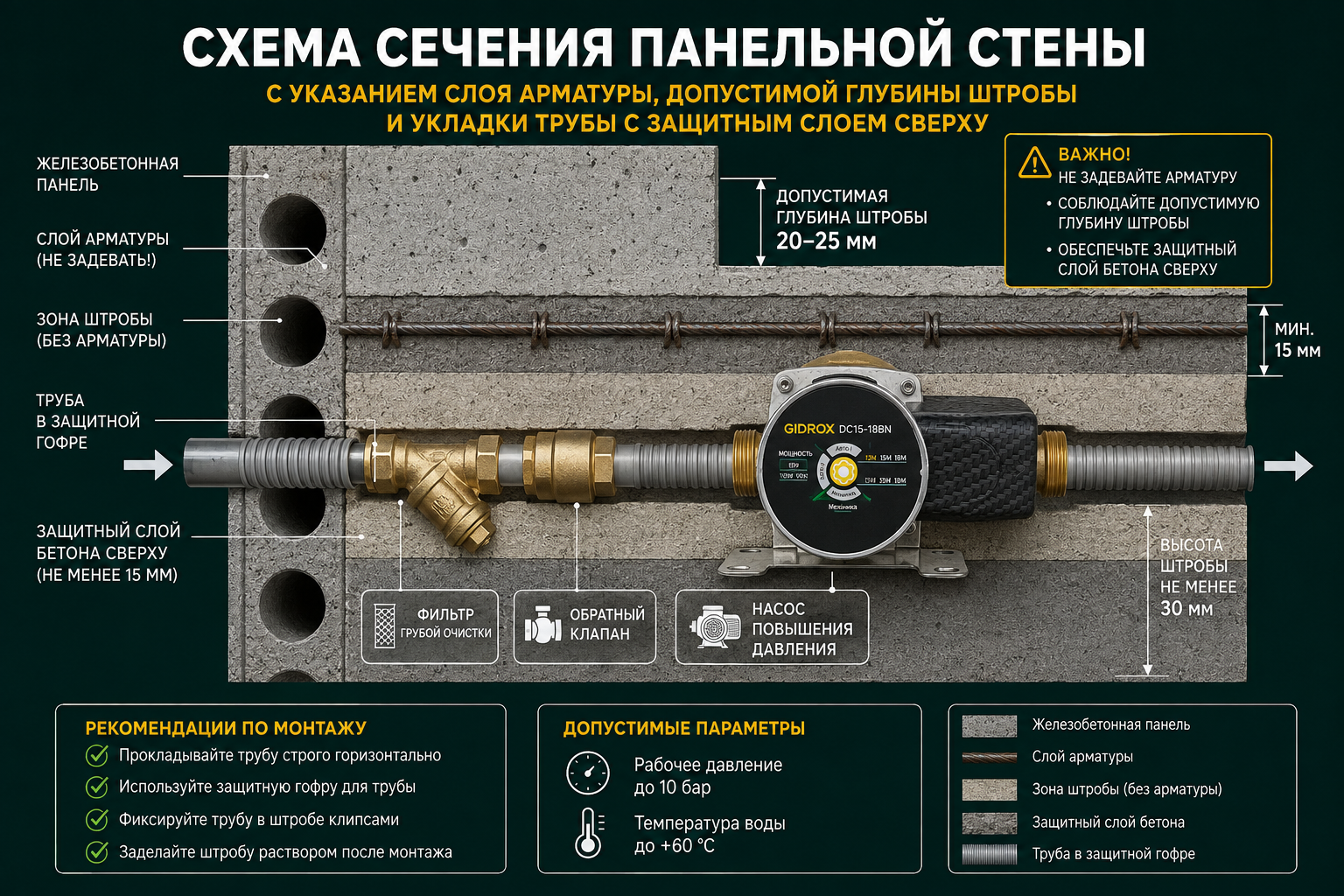 Схема сечения панельной стены с указанием слоя арматуры, допустимой глубины штробы и укладки трубы с защитным слоем сверху