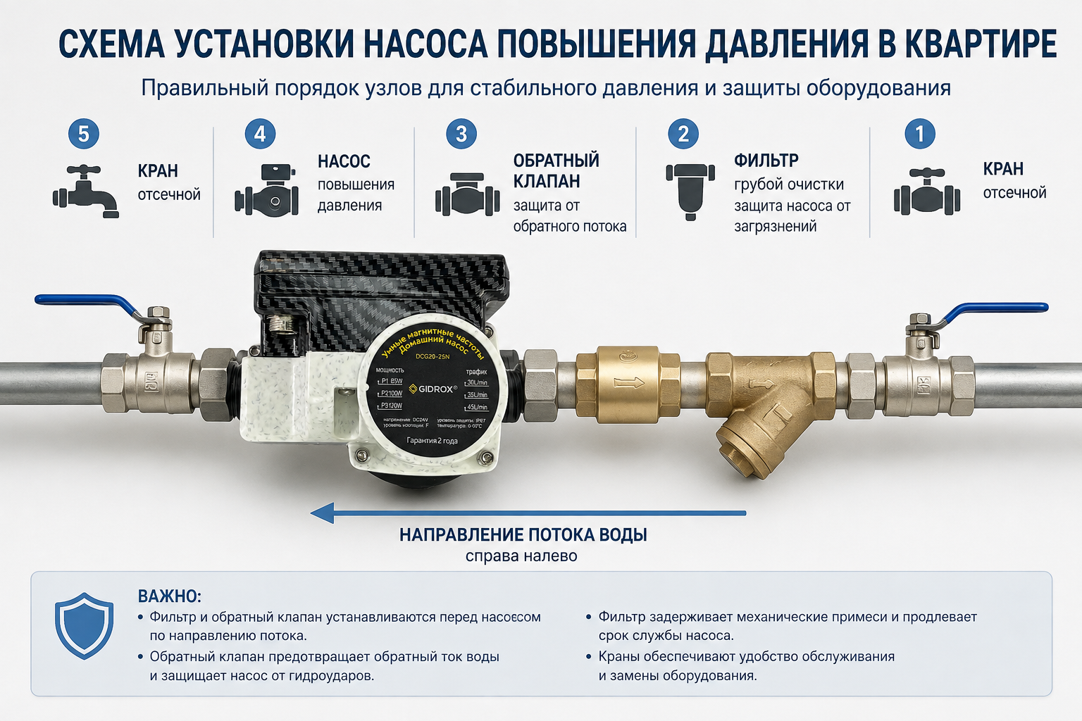 схема установки насоса повышения давления в квартире с правильным порядком узлов — кран, фильтр, обратный клапан, насос, кран
