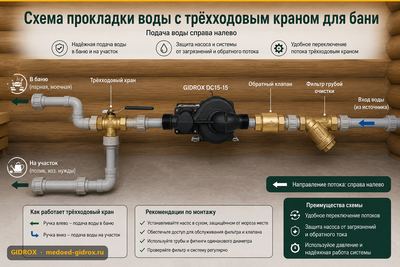 Схема прокладки воды с трёхходовым краном для бани