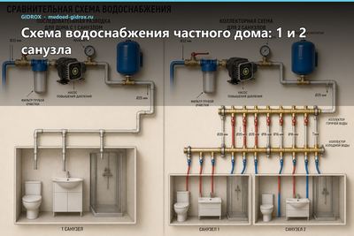 Схема водоснабжения частного дома: 1 и 2 санузла