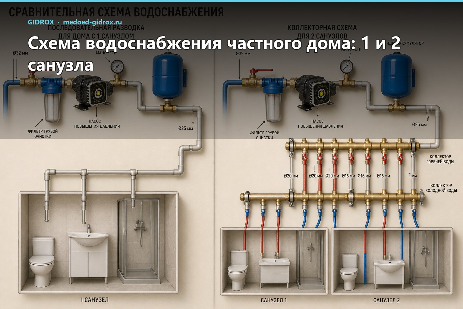 Схема водоснабжения частного дома: 1 и 2 санузла