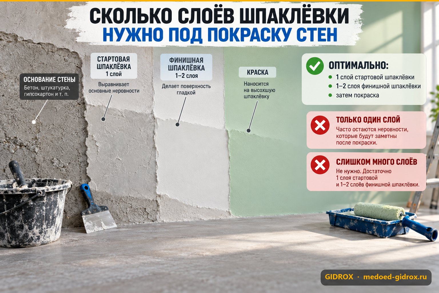 Сколько слоёв шпаклёвки нужно под покраску стен