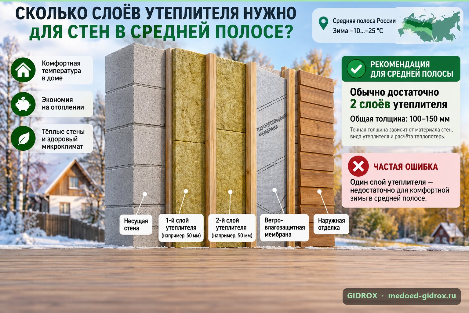 Сколько слоёв утеплителя нужно для стен в средней полосе
