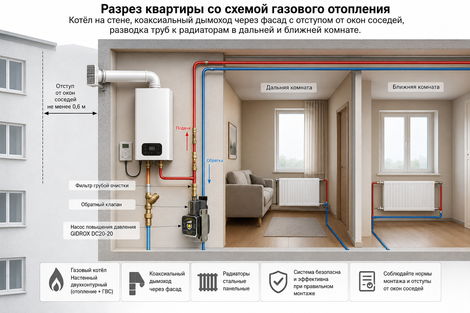 Разрез квартиры со схемой газового отопления — котёл на стене, коаксиальный дымоход через фасад с отступом от окон соседей, разводка труб к радиаторам в дальней и ближней комнате