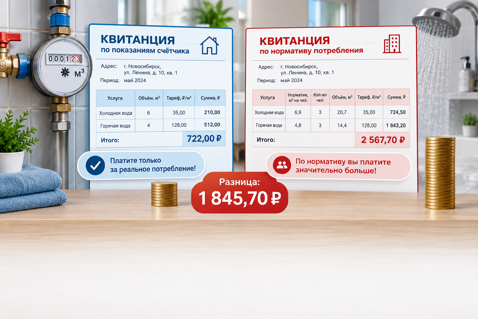 сравнительная схема — квитанция с начислением по счётчику рядом с квитанцией по нормативу, наглядно показывающая разницу в сумме