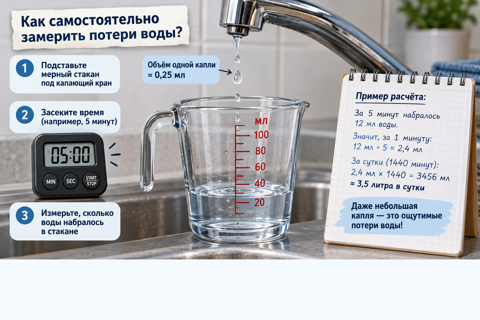 Мерный стакан под капающим краном с подписанными цифрами объёма капли и таймера — наглядная демонстрация того, как самостоятельно замерить потери воды