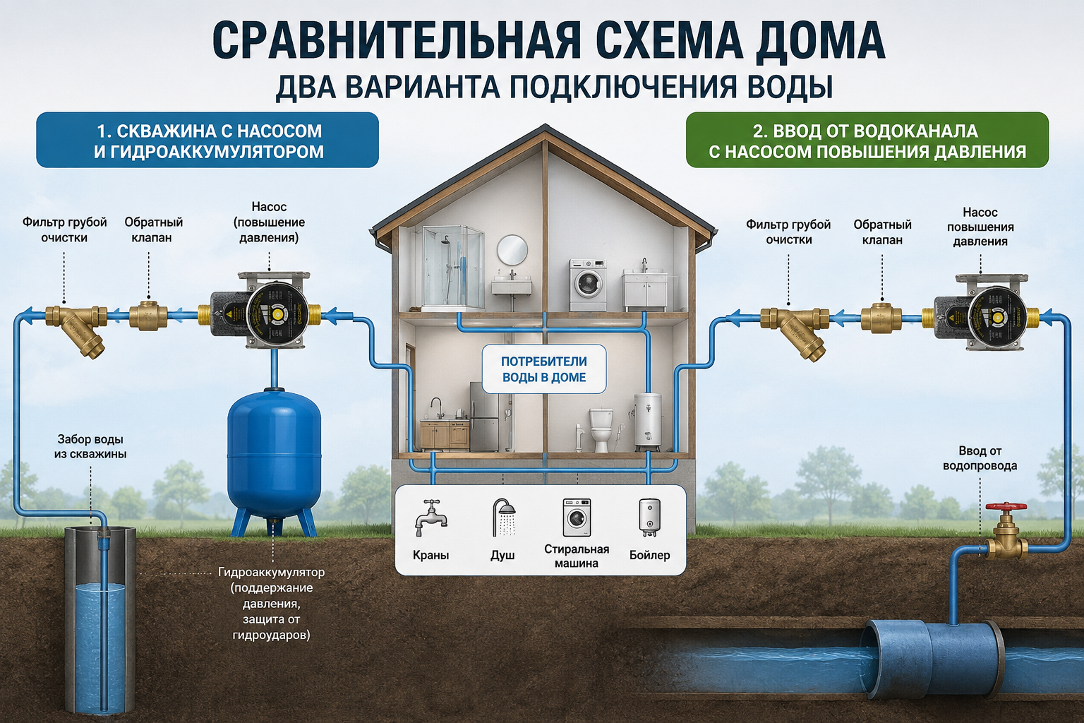 сравнительная схема дома с двумя вариантами подключения воды — скважина с насосом и гидроаккумулятором слева, ввод от водоканала с насосом повышения давления справа