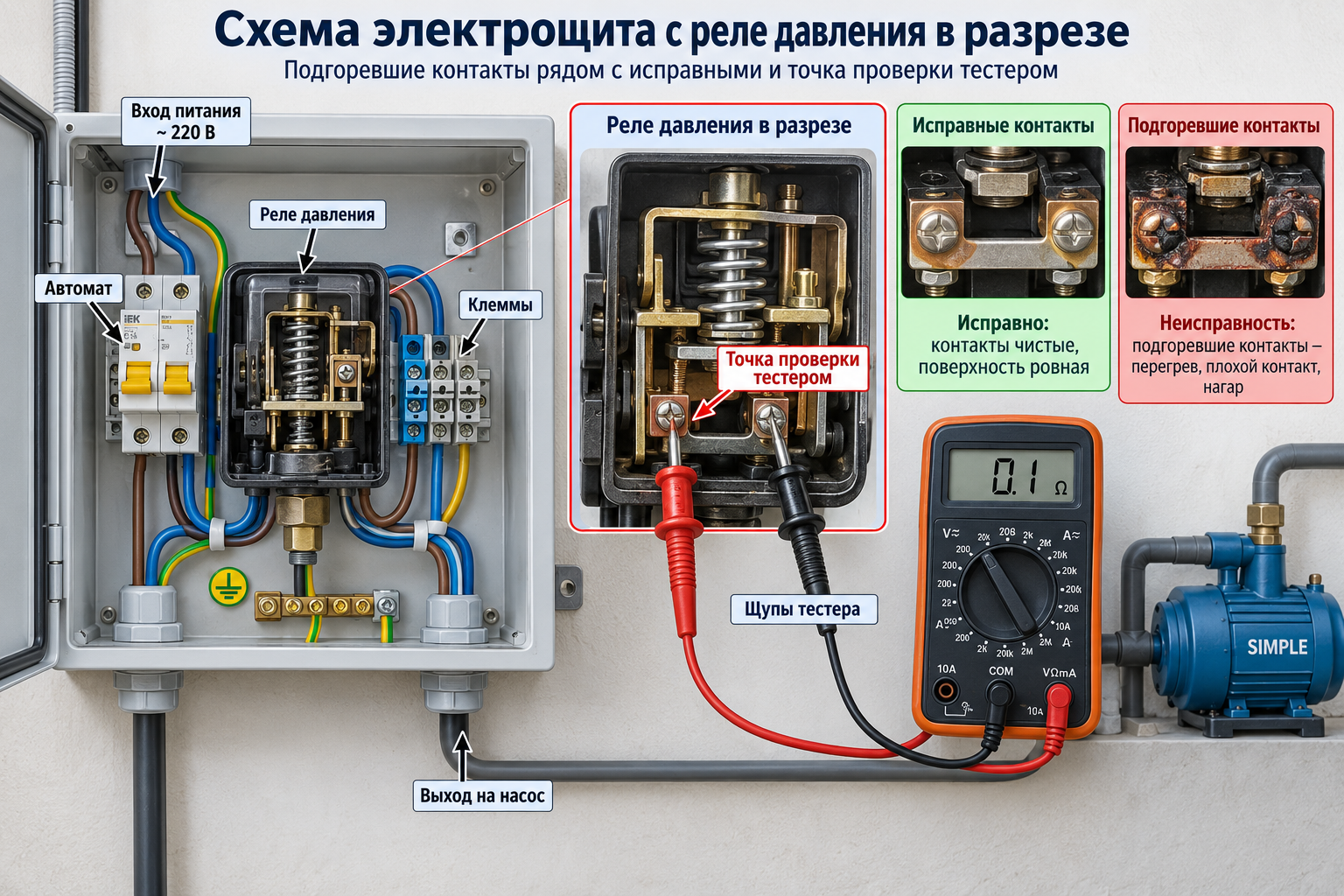 Схема электрощита с реле давления в разрезе — показаны подгоревшие контакты рядом с исправными, со стрелкой на точку проверки тестером