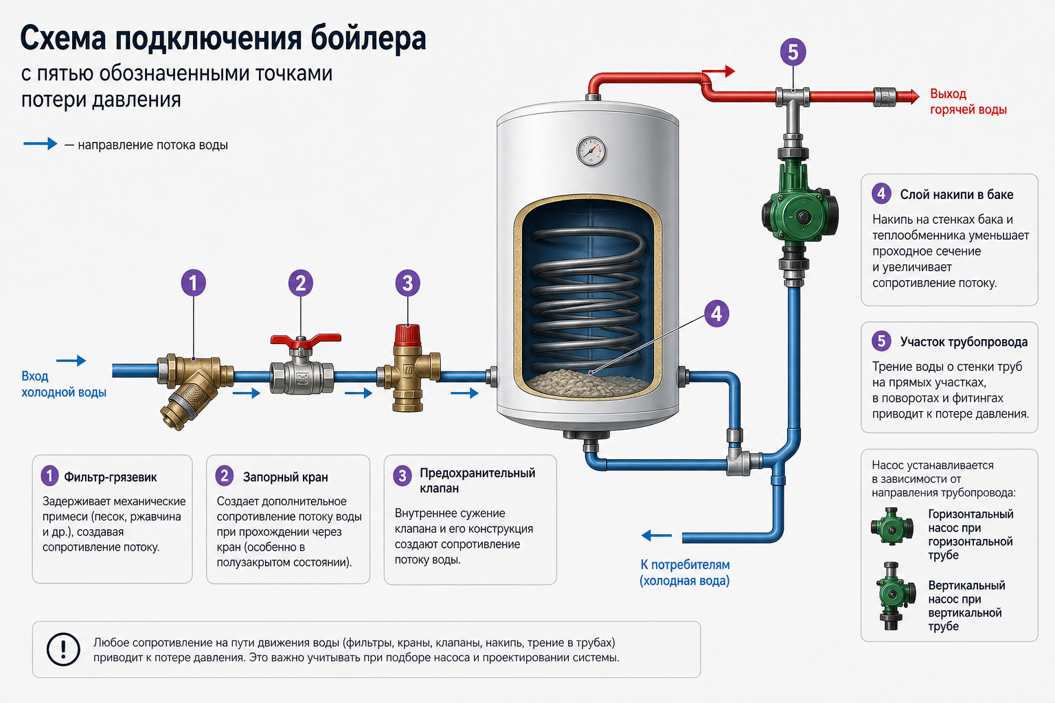 Схема подключения бойлера с пятью обозначенными точками потери давления: фильтр-грязевик, запорный кран, предохранительный клапан, слой накипи в баке, участок трубопровода — с подписями и стрелками на