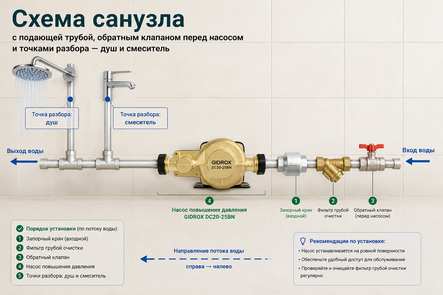 Схема санузла с подающей трубой, обратным клапаном перед насосом и точками разбора — душ и смеситель — с подписанными местами установки