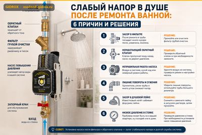 Слабый напор в душе после ремонта ванной: 6 причин и решения