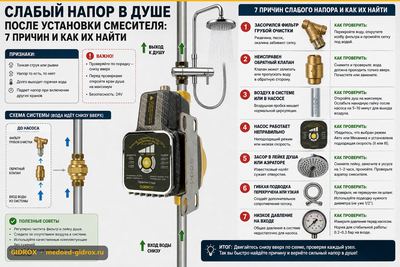 Слабый напор в душе после установки смесителя: 7 причин и как их найти