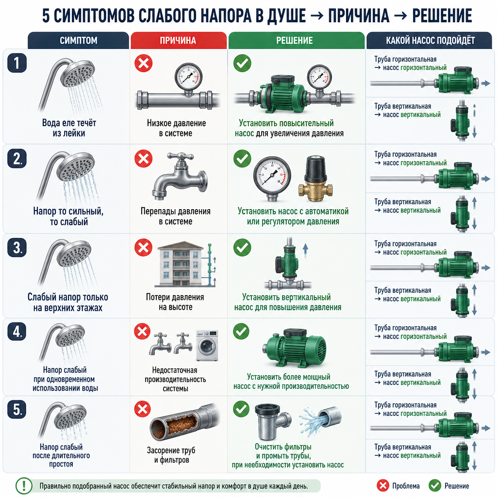 Инфографика «5 симптомов слабого напора в душе → причина → решение» с иконками лейки, трубы, манометра, крана и насоса — зелёные и красные маркеры для каждого случая.