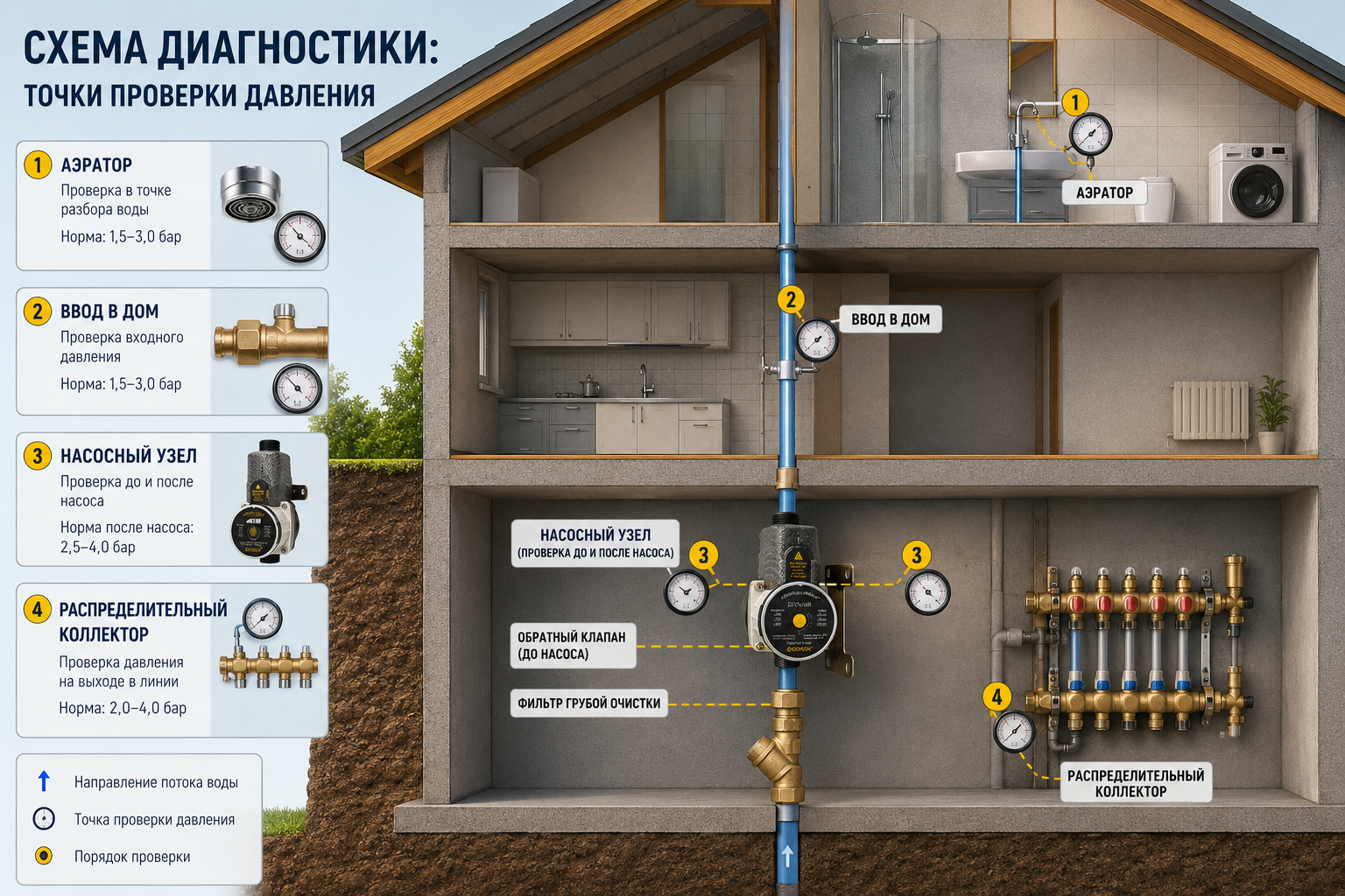 Схема диагностики: дом в разрезе с точками проверки давления — аэратор, ввод в дом, насос с обратным клапаном перед ним, распределительный коллектор