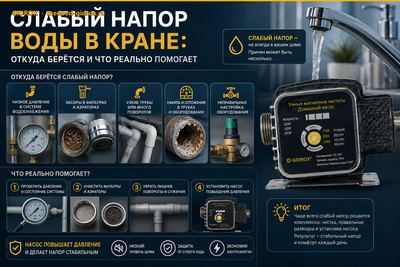 Слабый напор воды в кране: откуда берётся и что реально помогает