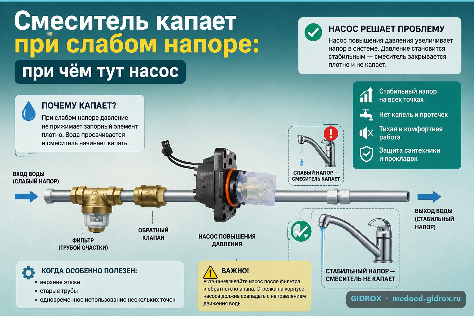 Смеситель капает при слабом напоре: при чём тут насос