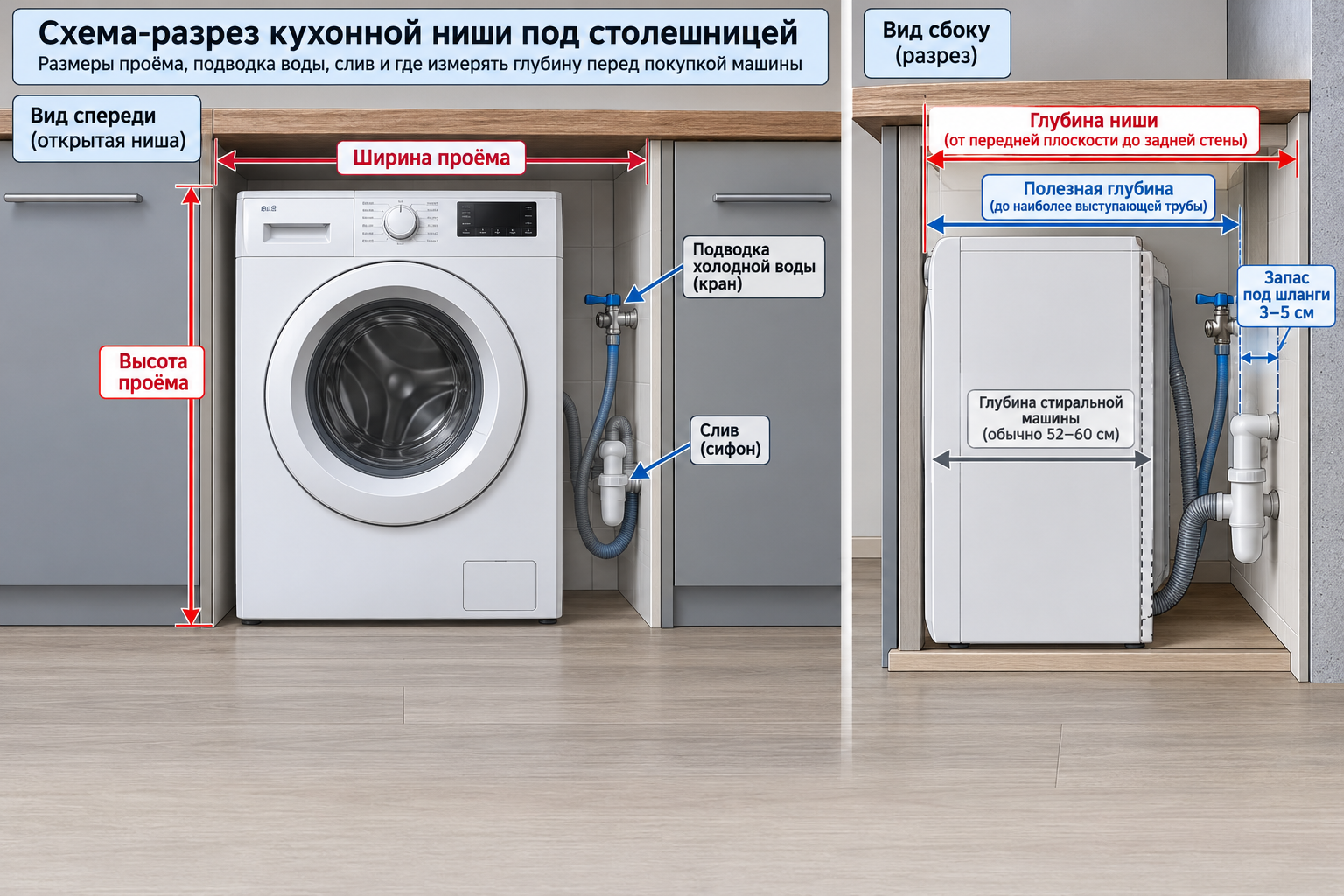 Схема-разрез кухонной ниши под столешницей с размерами проёма, трубами подводки и слива и стрелками, показывающими, где измерять глубину перед покупкой машины