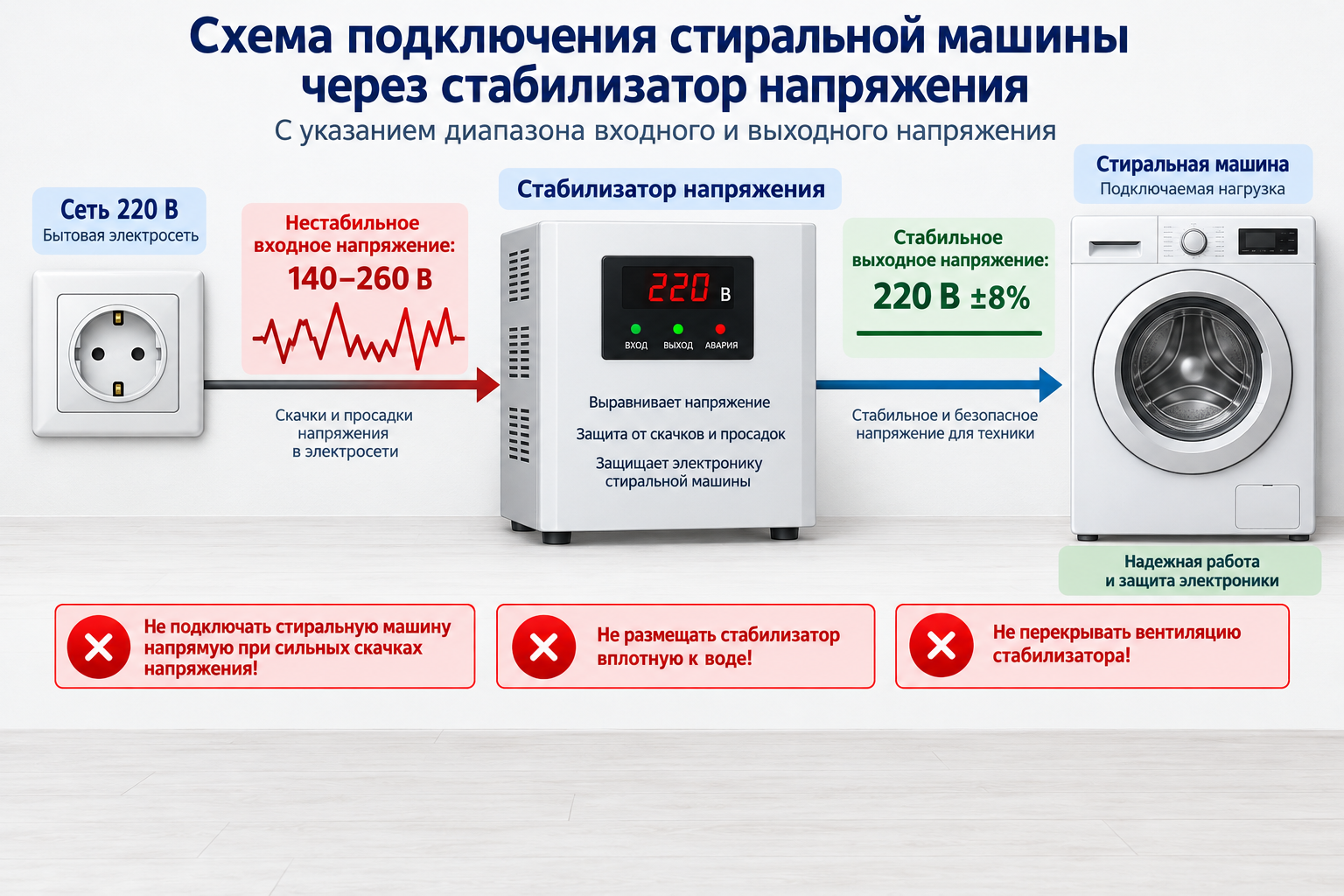 Схема подключения стиральной машины через стабилизатор напряжения с указанием диапазона входного и выходного напряжения