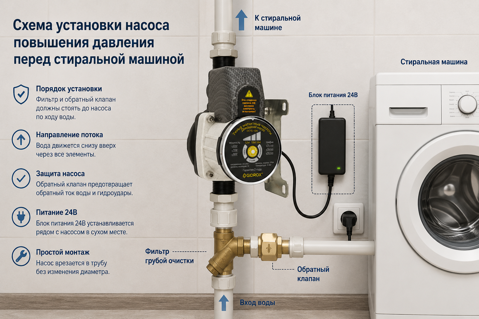 Схема установки насоса повышения давления перед стиральной машиной: обратный клапан на горизонтальном участке трубы до насоса и блок питания 24В рядом