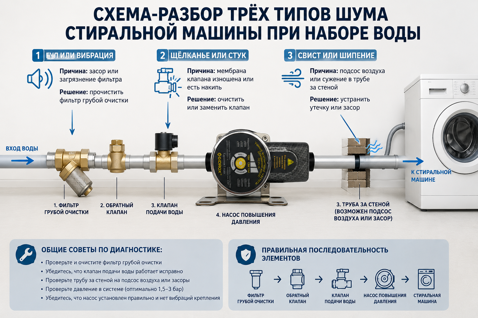 Схема-разбор трёх типов шума стиральной машины при наборе воды со стрелками на фильтр, клапан и трубу за стеной