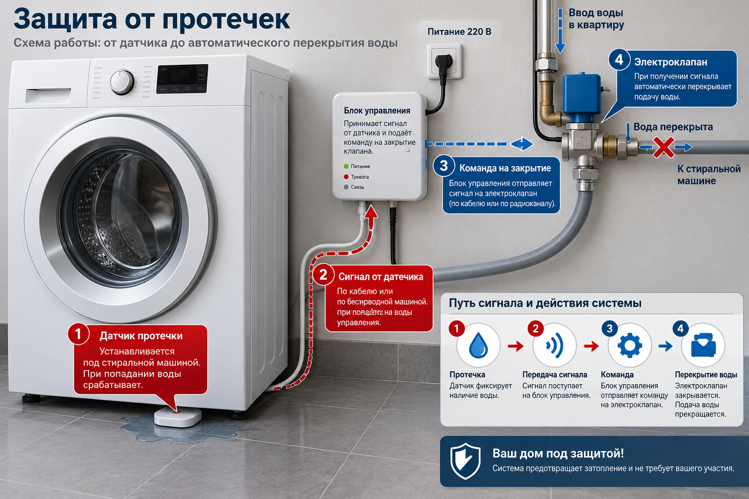 Схема расположения датчика протечки под стиральной машиной и электроклапана на вводе воды с указанием пути сигнала до автоматического перекрытия