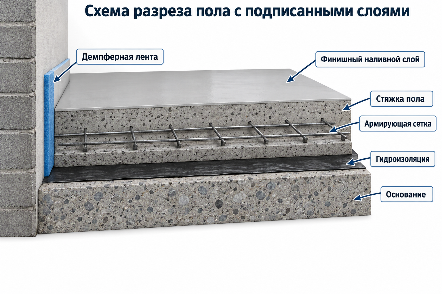 Схема разреза пола с подписанными слоями: основание, гидроизоляция, демпферная лента, армирующая сетка в теле стяжки, финишный наливной слой