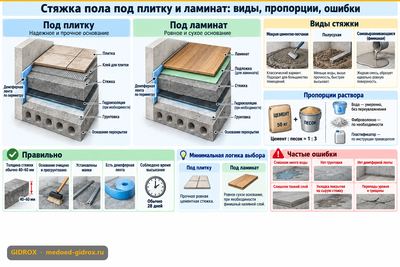 Стяжка пола под плитку и ламинат: виды, пропорции, ошибки