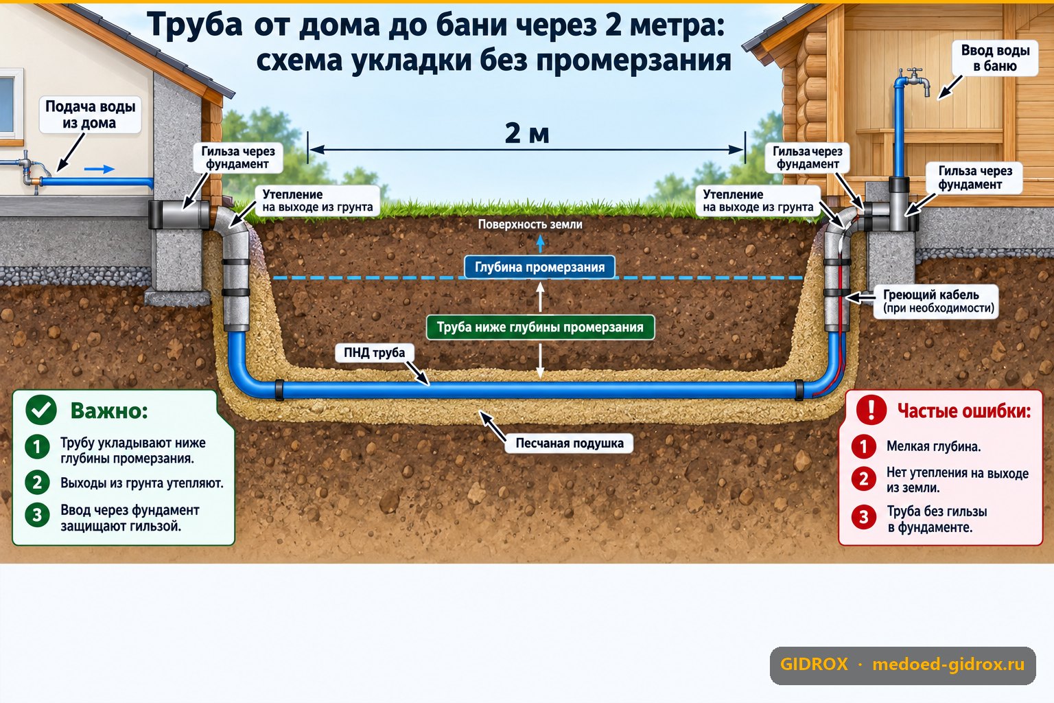 Труба от дома до бани через 2 метра: схема укладки без промерзания