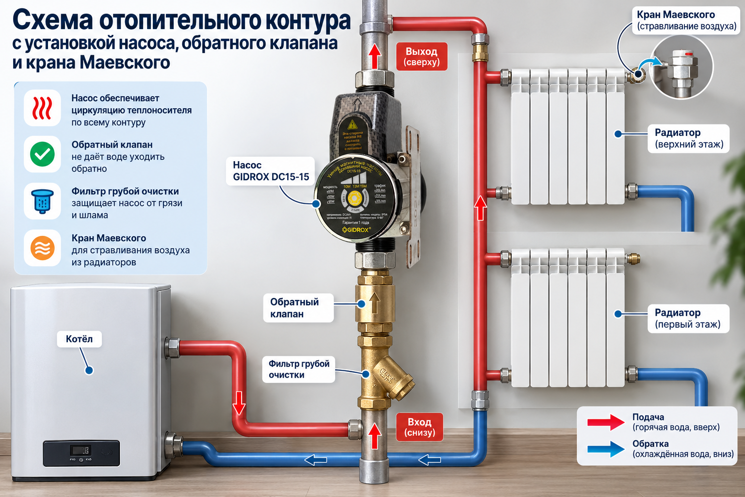 Схема отопительного контура с указанием точек установки насоса, обратного клапана и крана Маевского для стравливания воздуха