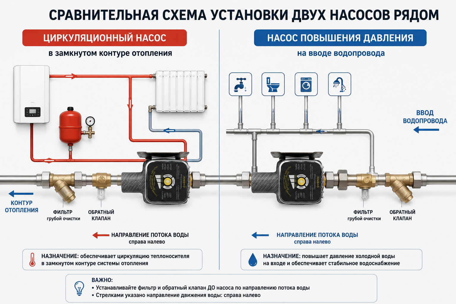 сравнительная схема установки двух насосов рядом: циркуляционный насос врезан в замкнутый контур отопления слева, насос повышения давления стоит на вводе водопровода справа, стрелками показано направл