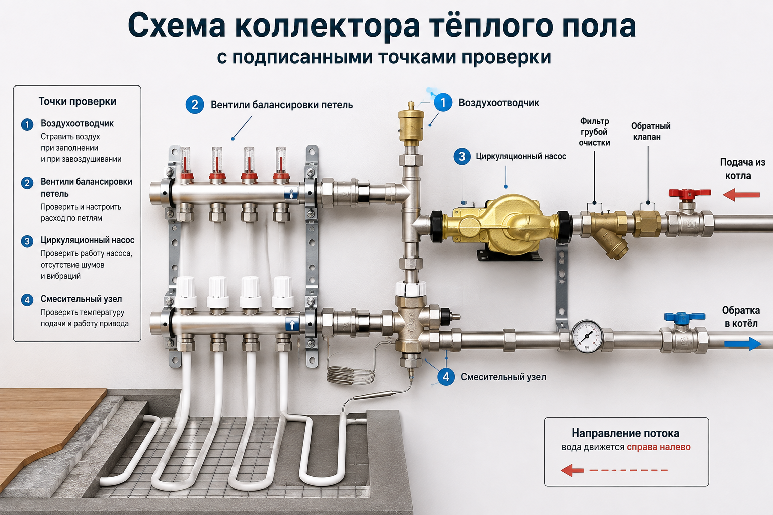 Схема коллектора тёплого пола с подписанными точками проверки — воздухоотводчик, вентили балансировки петель, циркуляционный насос и смесительный узел.