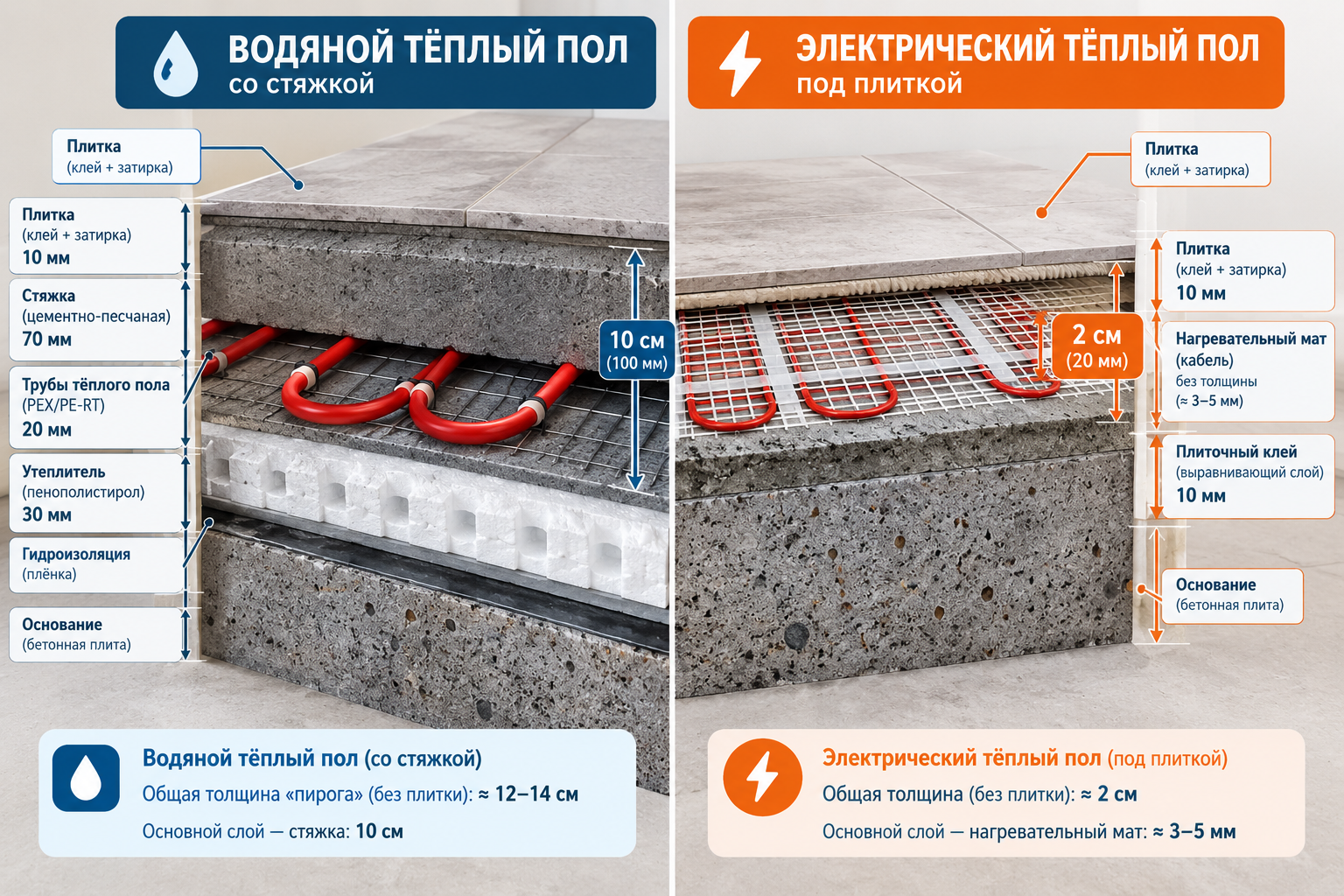 Схема в разрезе: слева слой водяного тёплого пола со стяжкой толщиной 10 см, справа слой электрического мата под плиткой толщиной 2 см, с подписанными размерами каждого слоя