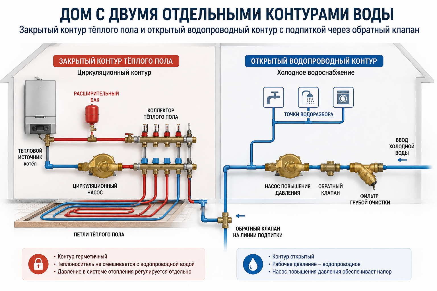 схема дома с двумя отдельными контурами воды — закрытый контур тёплого пола с циркуляционным насосом и коллектором, и открытый водопроводный контур с насосом повышения давления на вводе, с обратным кл