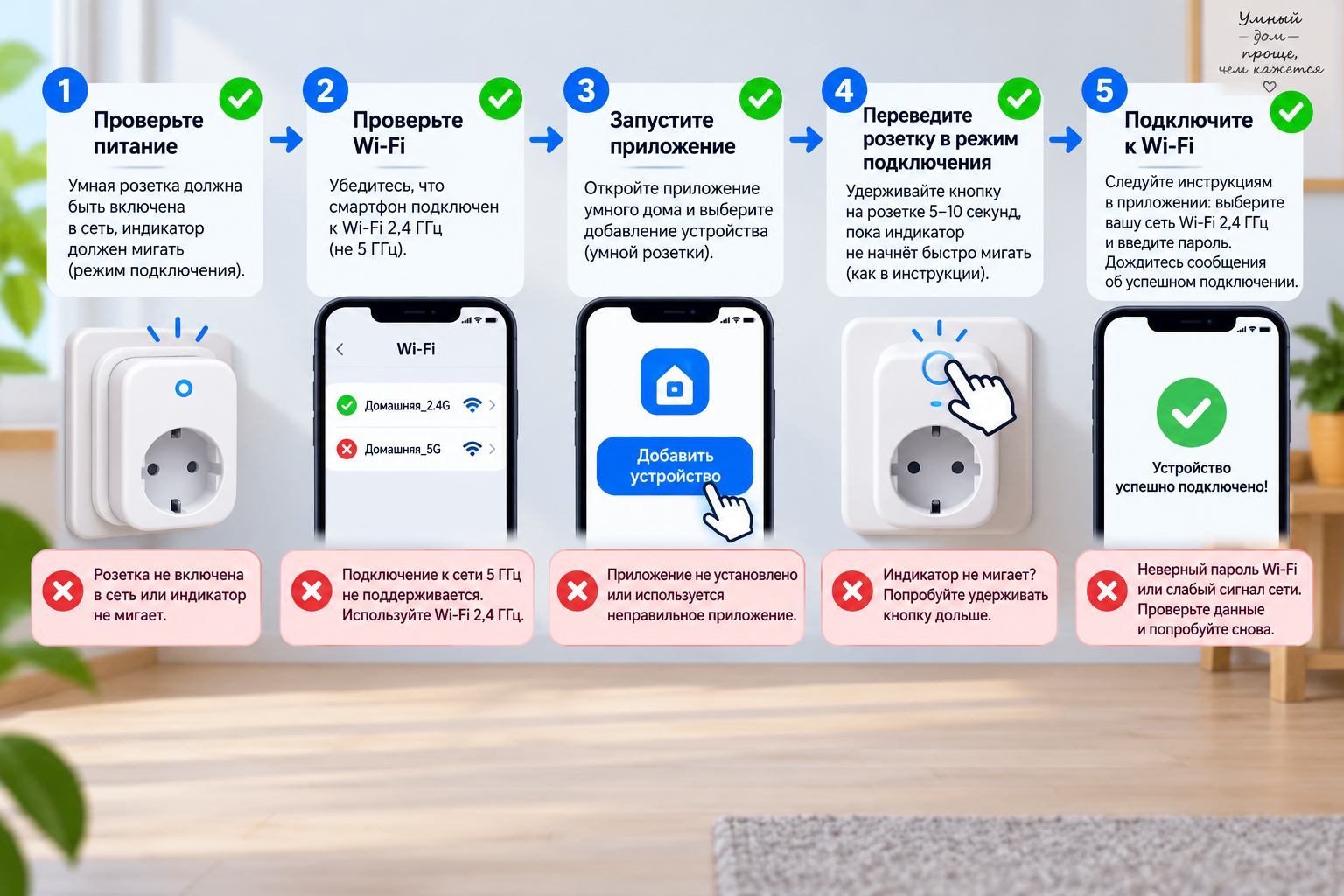 Схема-инфографика с 5 шагами диагностики подключения умной розетки к Wi-Fi, где каждый шаг отмечен галочкой или крестиком
