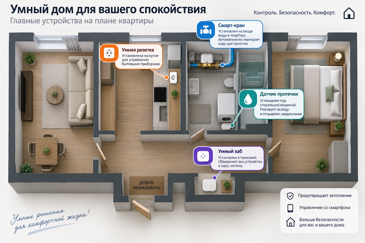 Схема квартиры с расставленными умными устройствами — хаб, датчик протечки под стиральной машиной, умная розетка, смарт-кран на входе воды — с подписями, что где установлено