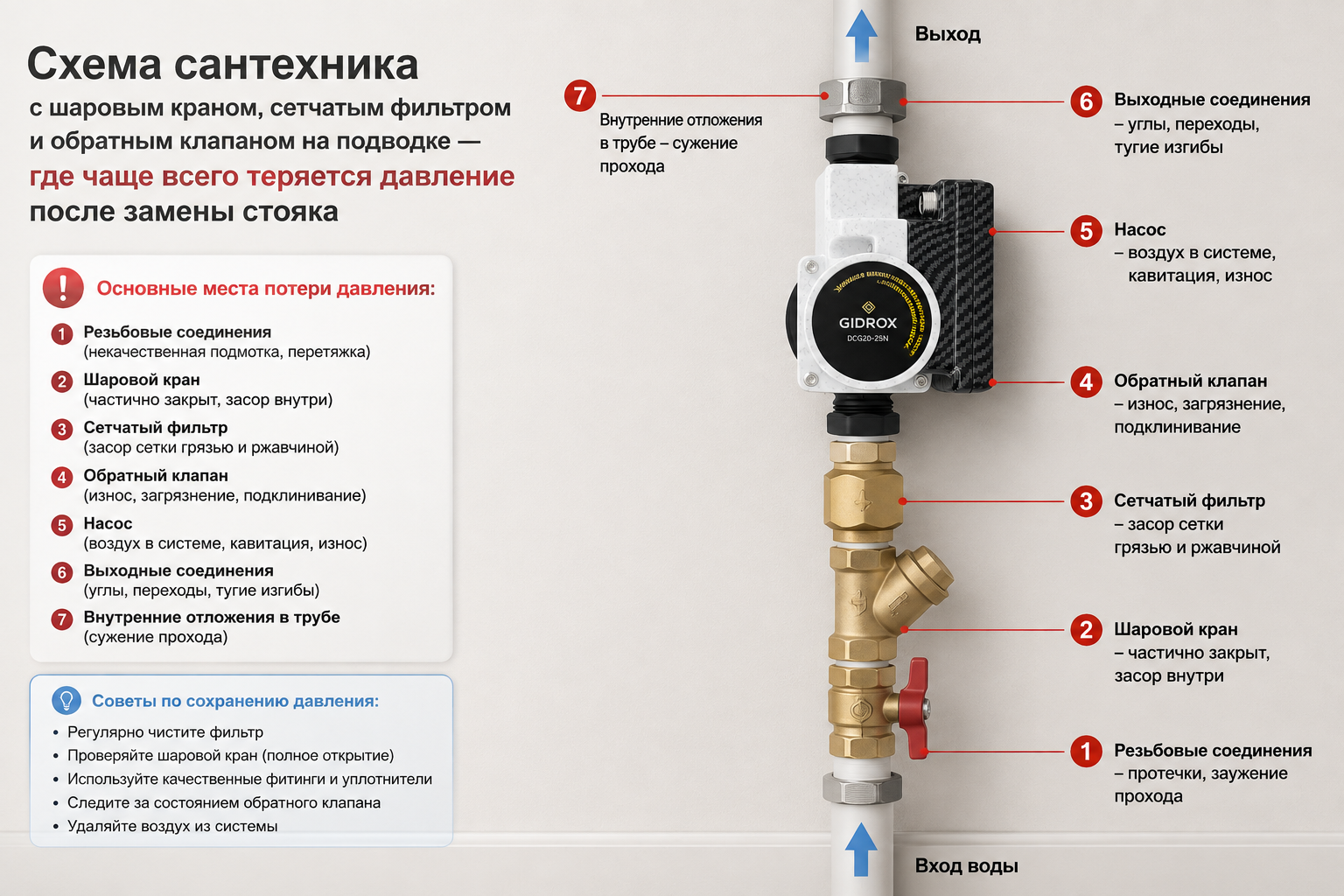 Схема сантехника с шаровым краном, сетчатым фильтром и обратным клапаном на подводке — стрелками показано, где чаще всего теряется давление после замены стояка