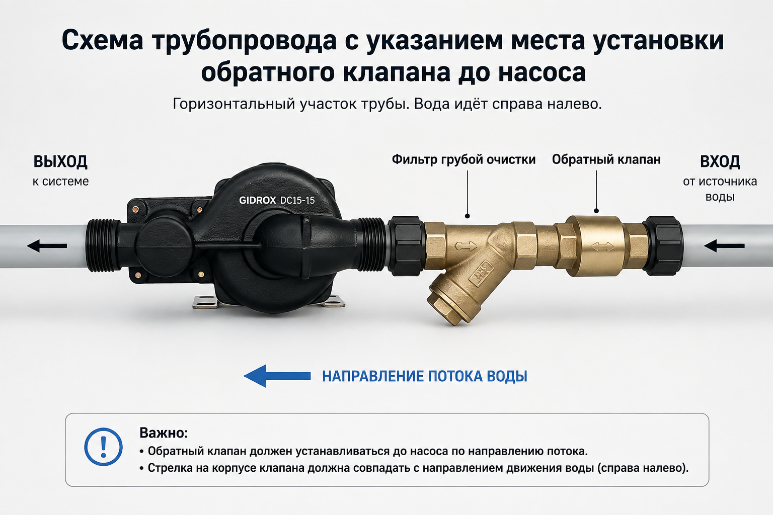 Схема трубопровода с указанием места установки обратного клапана до насоса, стрелкой направления потока и горизонтальным участком трубы