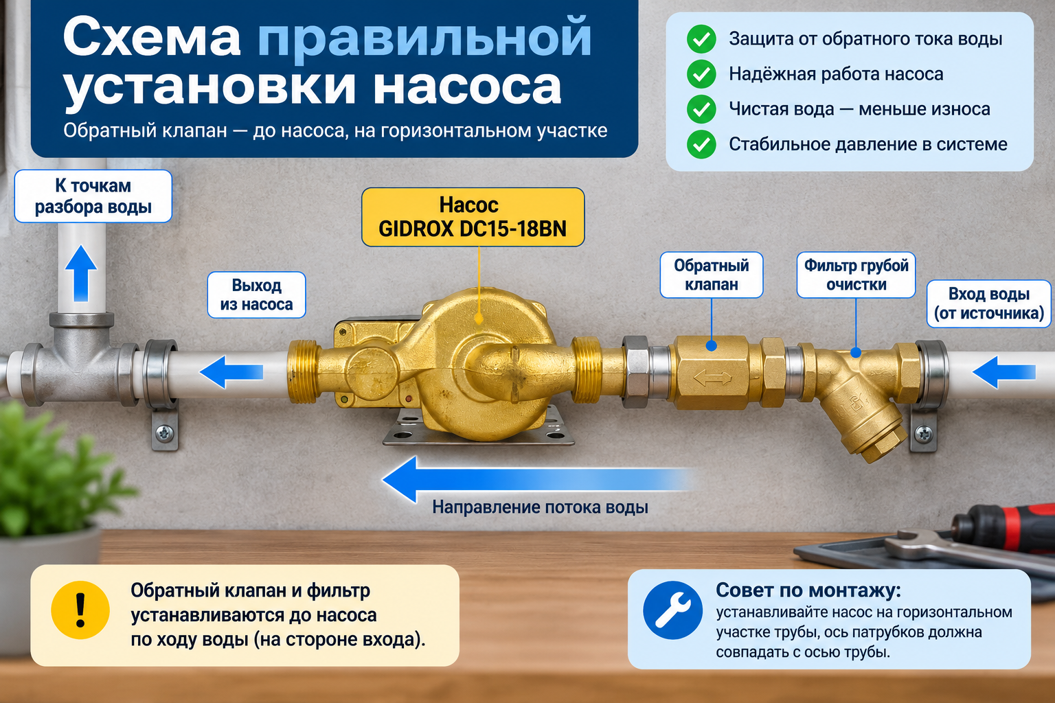 Схема правильной установки насоса с указанием места обратного клапана до насоса на горизонтальном участке трубы и стрелкой направления потока