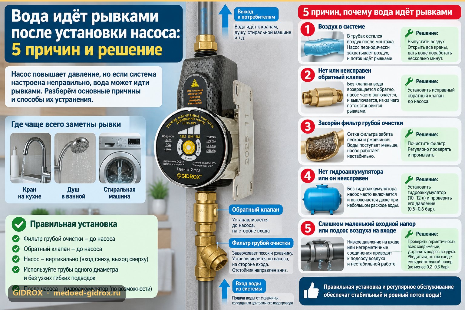 Вода идёт рывками после установки насоса: 5 причин и решение