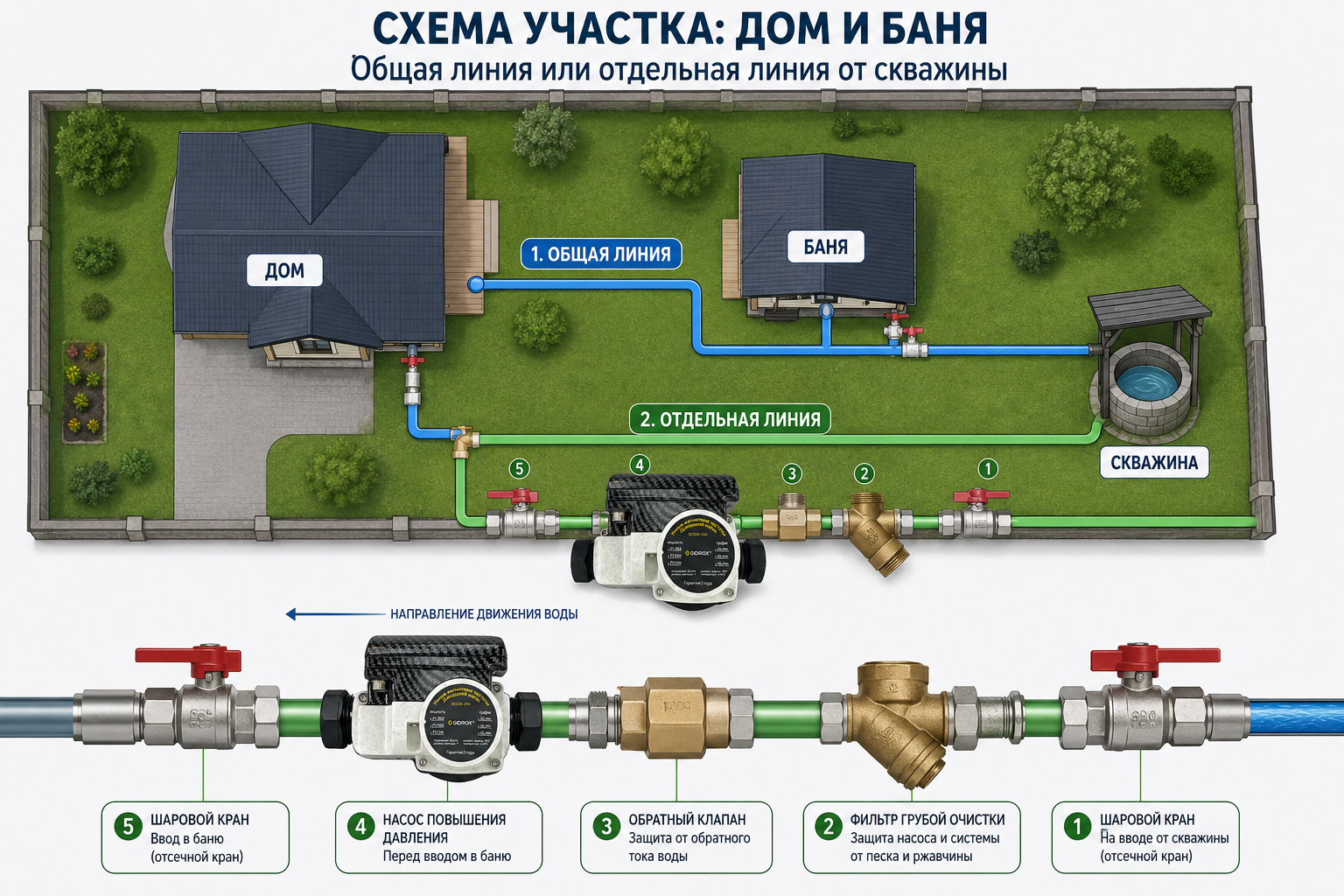 Схема участка сверху — дом и баня, две подписанные трубы (общая линия и отдельная линия от скважины) с точками врезки, кранами и насосом повышения давления перед вводом в баню
